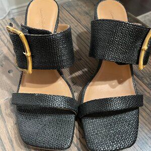 Black Wedge Heels with Gold Buckle - Size 8
